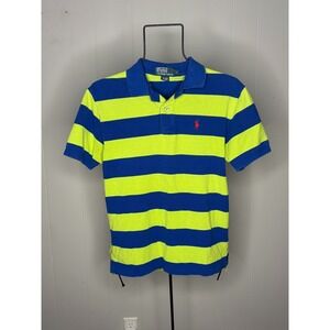 Vintage 1990s Polo Ralph Lauren Sz S Green Blue Striped Polo Short‎ Sleeve Shirt